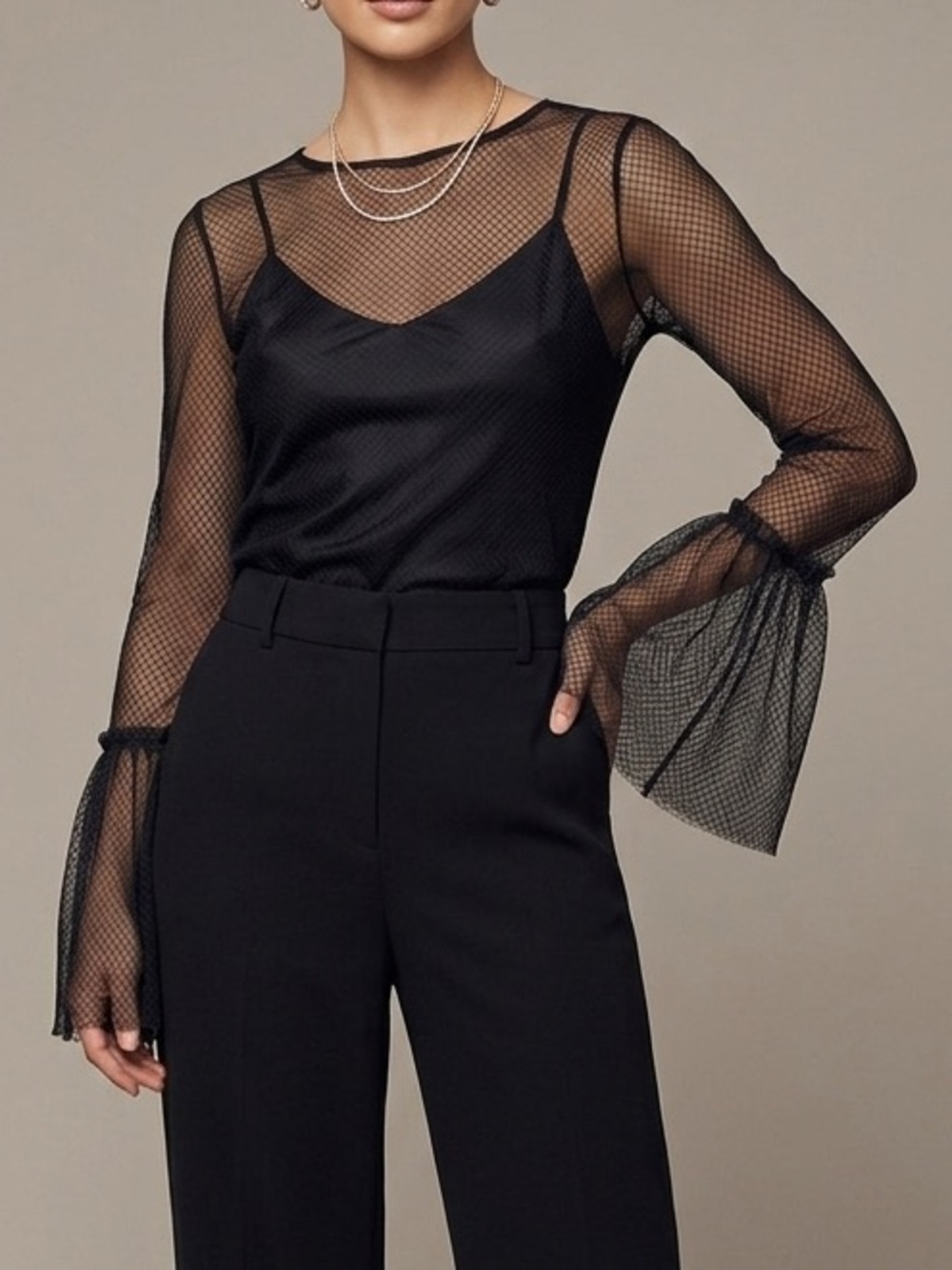 Forever 21 Contemporary Black Sheer Diamond Mesh Bell Sleeve Top sz M